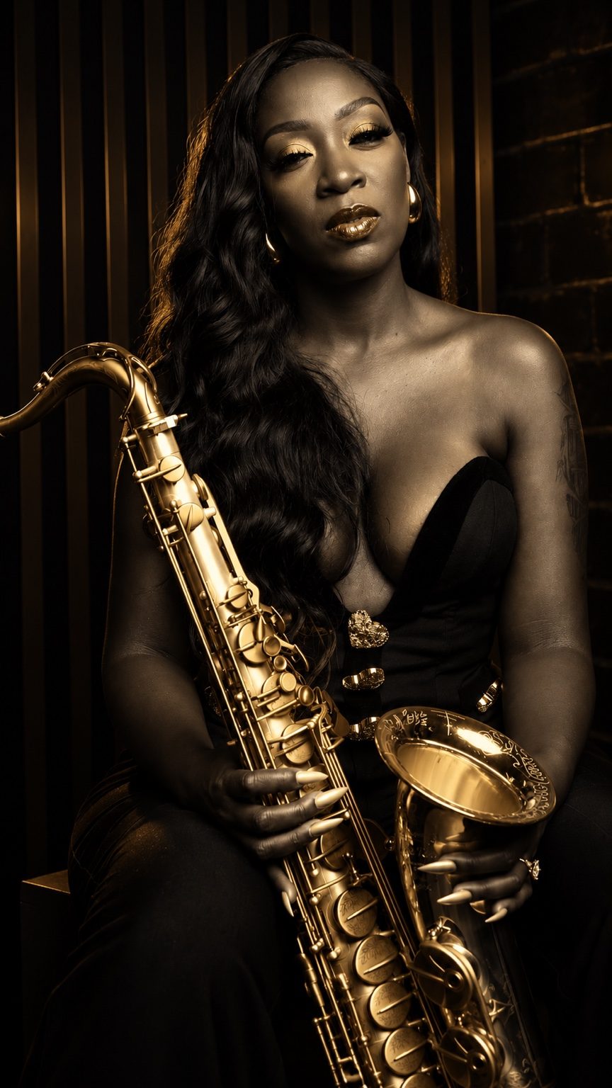 Charmin Greene holding her saxophone in a dramatic black-and-gold portrait
